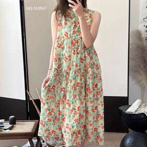 Đầm liền linen sát nách cổ tròn in hoa lá - NU8967