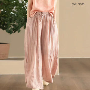 Quần baggy linen lưng cao thun in màu nước retro - Q003