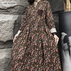 Đầm liền dài tay cổ V in hoa lá một túi - NU9359