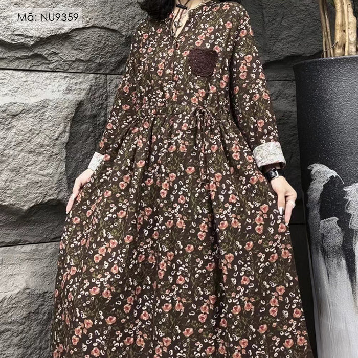 Đầm liền dài tay cổ V in hoa lá một túi - NU9359