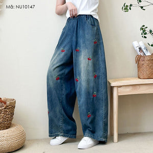 Quần baggy denim lưng thun thêu quả cherry - NU10147