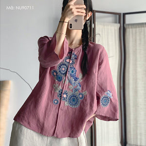 Áo sơ mi linen tay lửng cổ tròn một khuy thêu hoa lá - NU9071