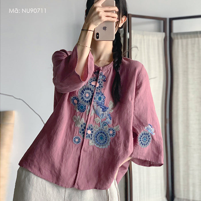 Áo sơ mi linen tay lửng cổ tròn một khuy thêu hoa lá - NU9071