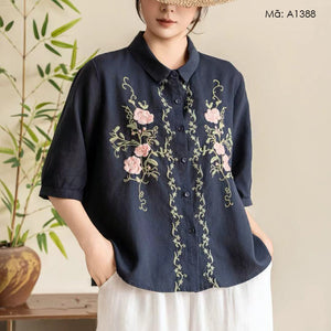 Áo sơ mi linen ngắn tay cổ đức thêu hoa - A1388