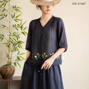 Áo sơ mi linen tay lửng thêu hoa - A1467