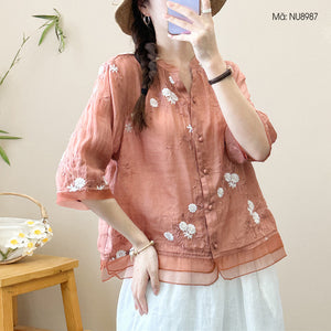 Áo sơ mi linen ngắn tay cổ đứng xẻ V thêu hoa lá - NU8987