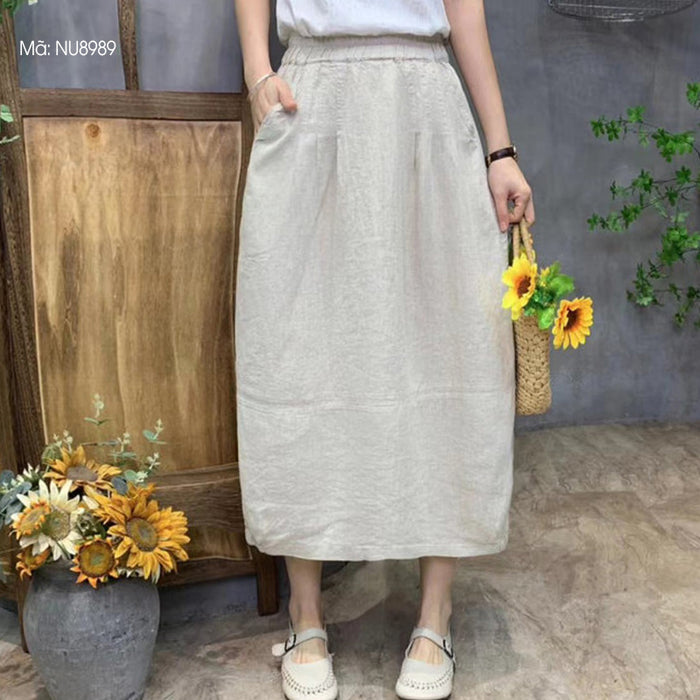 Chân váy linen lưng thun hai túi chéo đơn sắc - NU8989