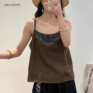 Áo T-shirt linen sát nách hai dây thêu hoa văn retro - NU9993