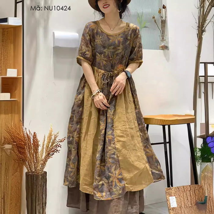Đầm liền linen ngắn tay cổ tròn phối sắc màu in hoa lá - NU10424