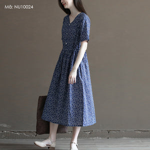 Đầm liền linen ngắn tay cổ V in hoa liti ba khuy - NU10024