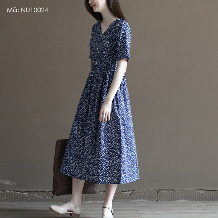 Đầm liền linen ngắn tay cổ V in hoa liti ba khuy - NU10024