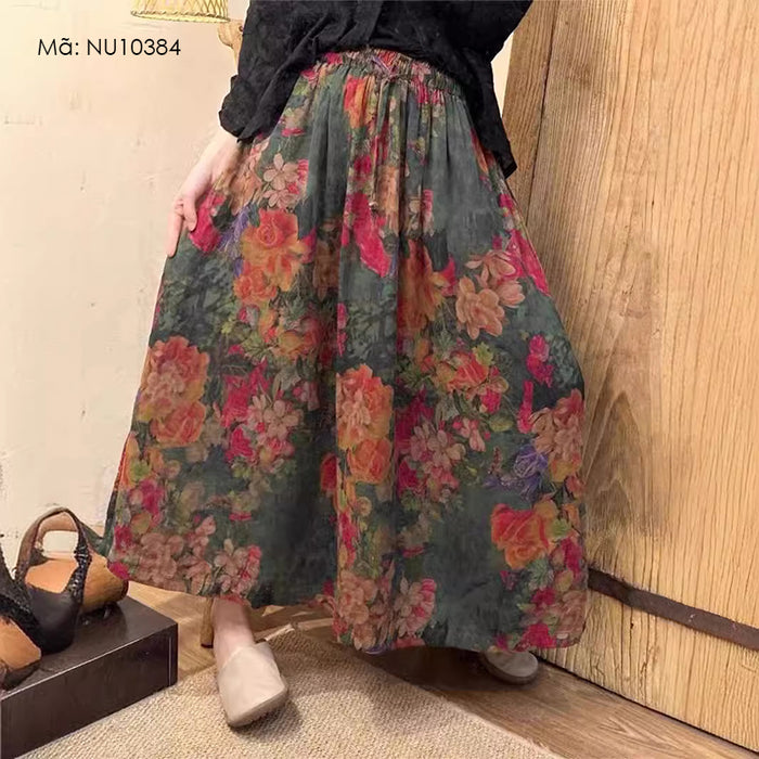 Chân váy linen in vườn hoa lưng thun dây rút - NU10384