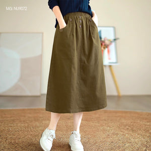 Chân váy retro lưng thun đính khuy kiểu xẻ tà sau - NU9072