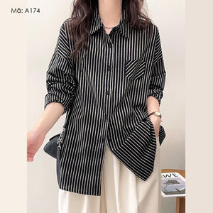 Áo sơ mi dài tay cổ đức form dài kẻ sọc một túi nhỏ - A174