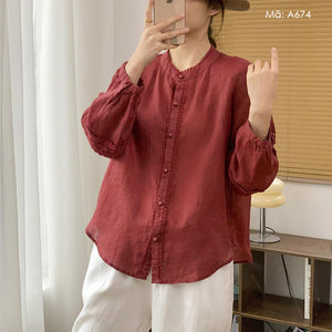 Áo sơ mi linen dài tay cổ tròn đính ren khuy tròn - A674