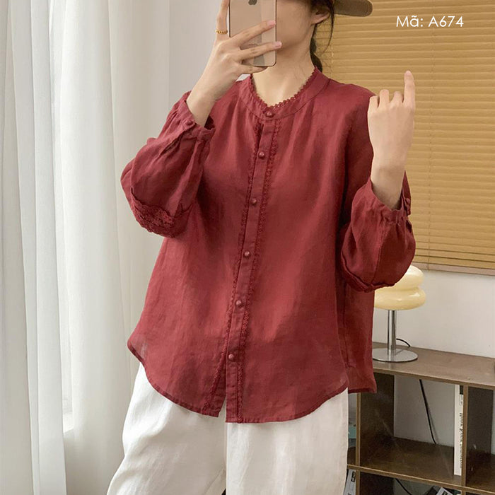Áo sơ mi linen dài tay cổ tròn đính ren khuy tròn - A674