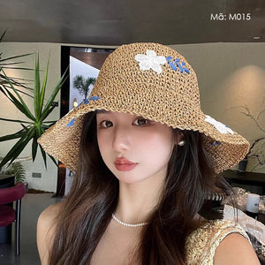 Mũ cói móc tay retro vành rộng thêu hoa - M015