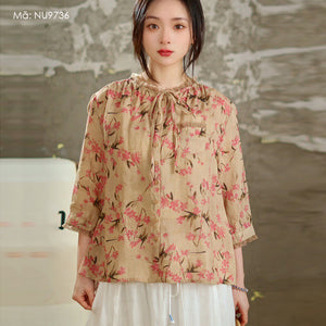 Áo sơ mi linen tay lửng in hoa lá cổ tròn phối ren - NU9736