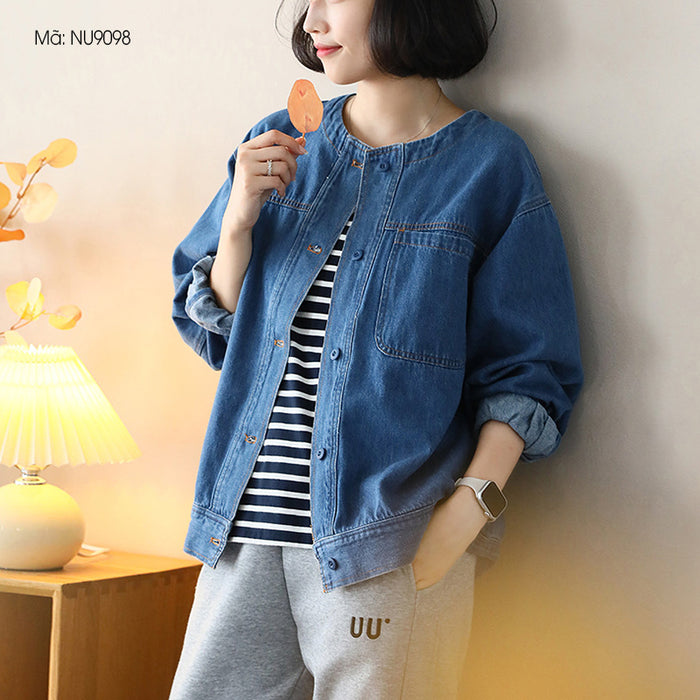Áo khoác denim retro dài tay cổ tròn một túi vuông - NU9098