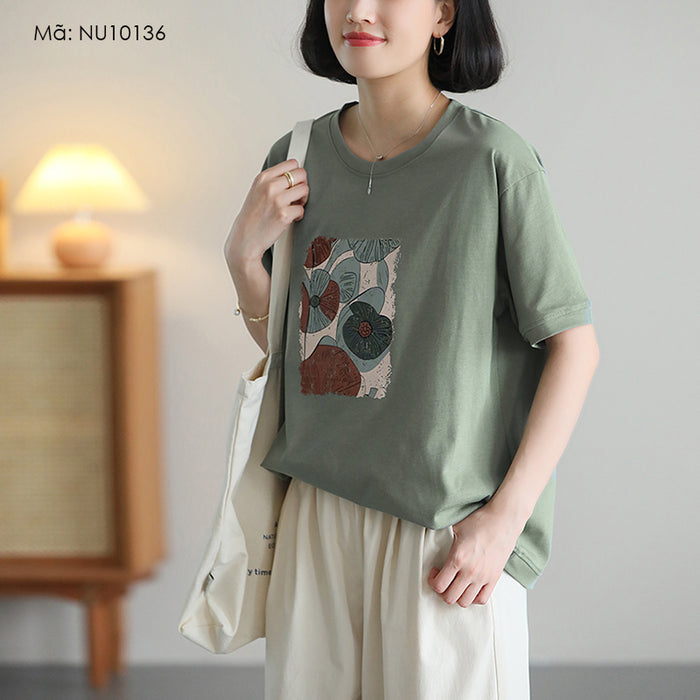 Áo T-shirt ngắn tay cổ tròn in hoa trừu tượng - NU10136