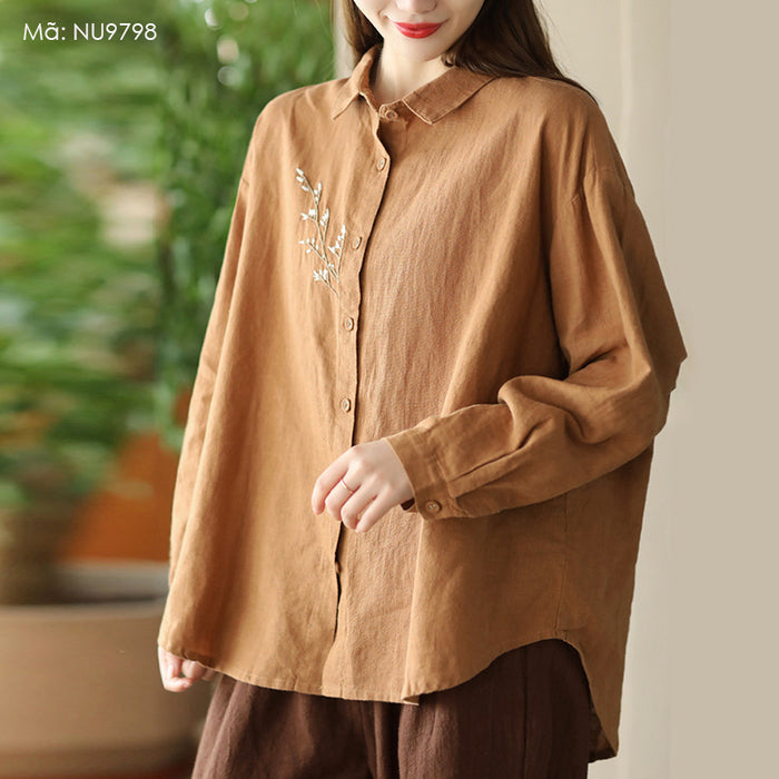 Áo sơ mi linen dài tay cổ đức thêu hoa vạt mullet - NU9798