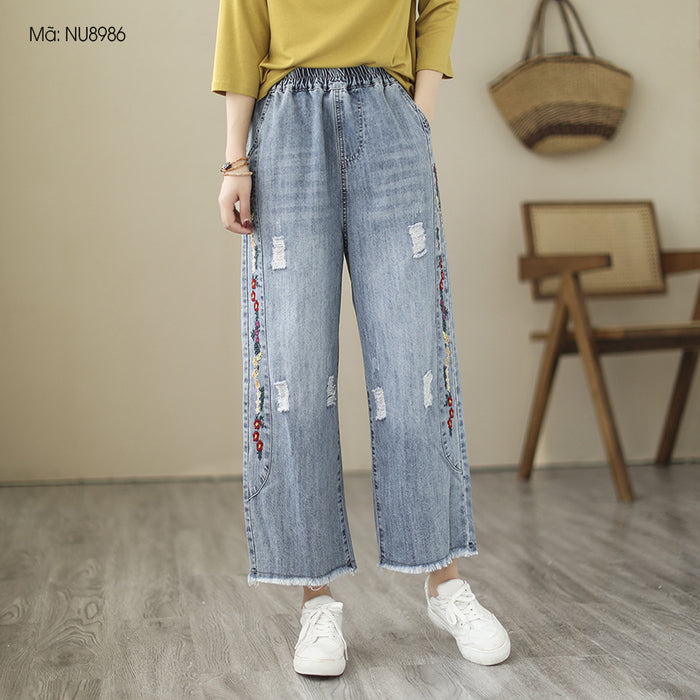 Quần baggy denim lưng thun thêu hoa lá đối xứng ống tua rua - NU8986