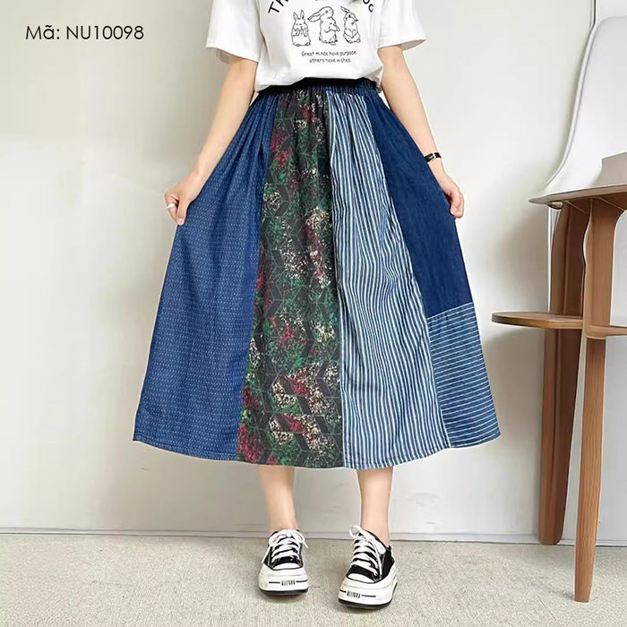 Chân váy linen lưng thun thêu chắp vá kẻ sọc - NU10098
