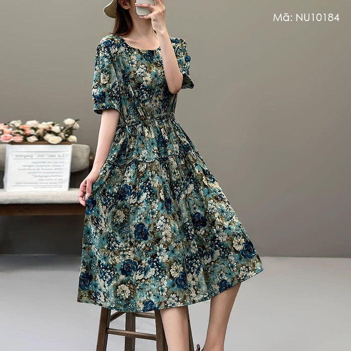 Đầm liền linen ngắn tay cổ tròn in hoa lá chiết eo - NU10184