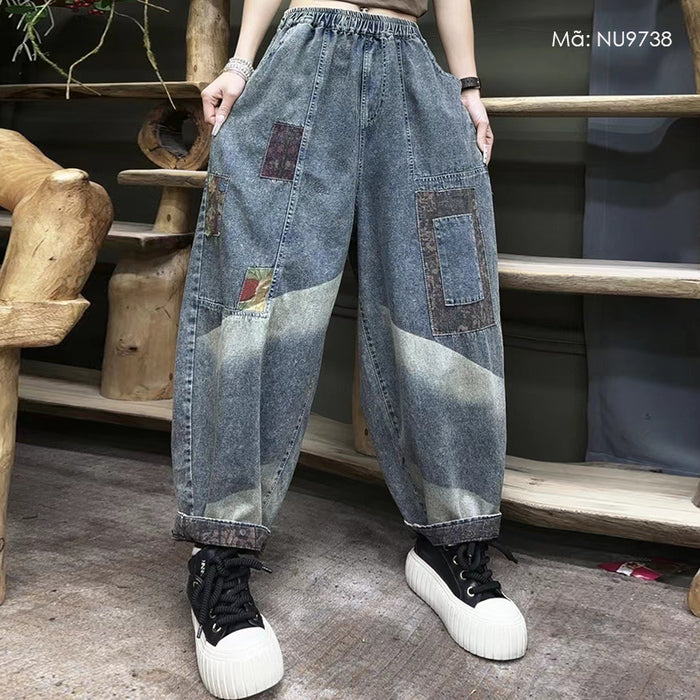Quần baggy denim lưng thun loang màu kiểu chắp vá - NU9738