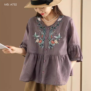 Áo sơ mi linen ngắn tay cổ tròn thêu hoa bướm - A731