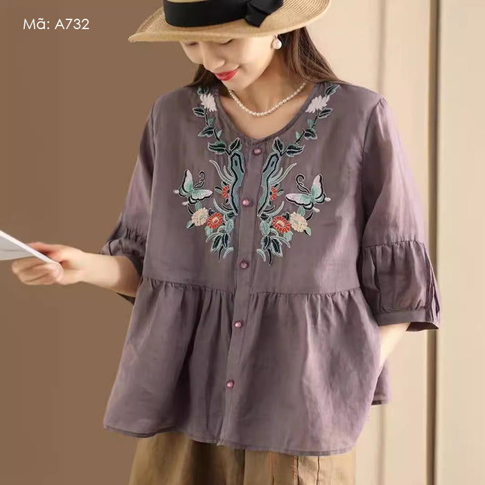 Áo sơ mi linen ngắn tay cổ tròn thêu hoa bướm - A731