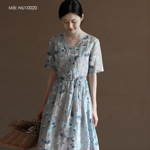 Đầm liền linen ngắn tay cổ V in những cánh bướm - NU10020