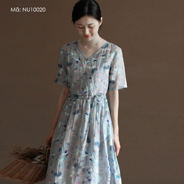 Đầm liền linen ngắn tay cổ V in những cánh bướm - NU10020