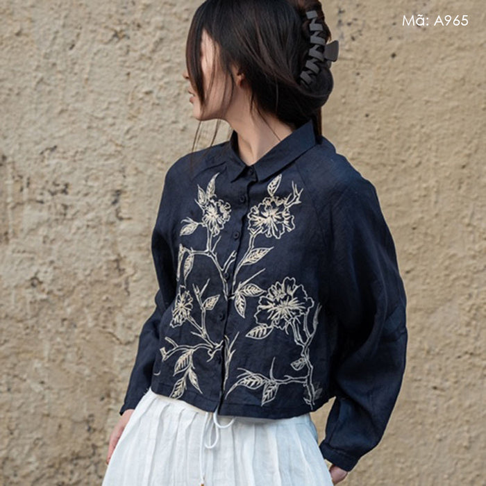 Áo sơ mi croptop dài tay linen cổ đức thêu hoa lá - A965