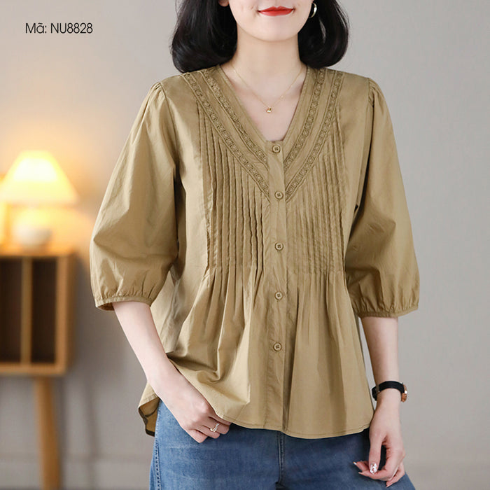 Áo sơ mi ngắn tay cổ V thêu ren xếp ly - NU8828