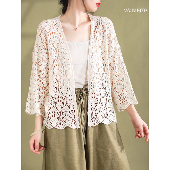 Áo khoác cardigan dệt kim dài tay thêu ren những chiếc lá - NU9009