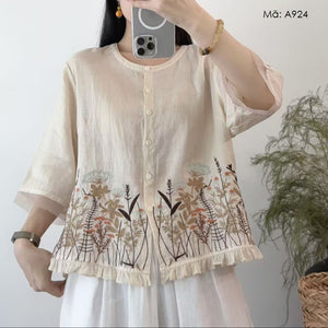 Áo sơ mi linen tay lửng cổ tròn thêu hoa lá - A924