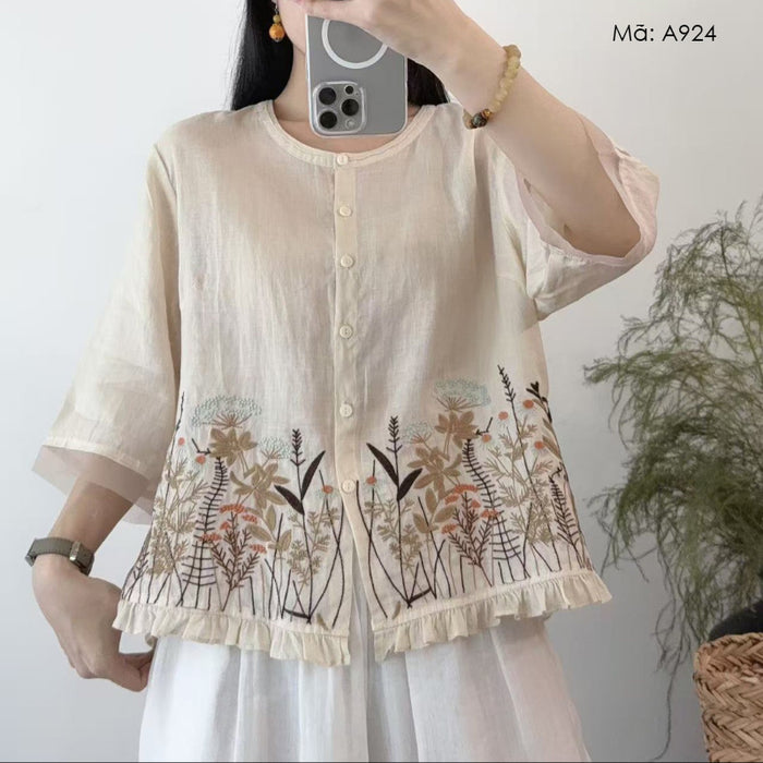 Áo sơ mi linen tay lửng cổ tròn thêu hoa lá - A924