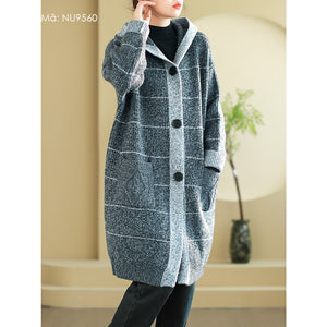 Áo khoác len đan cardigan form dài hai túi kẻ sọc có mũ - NU9560