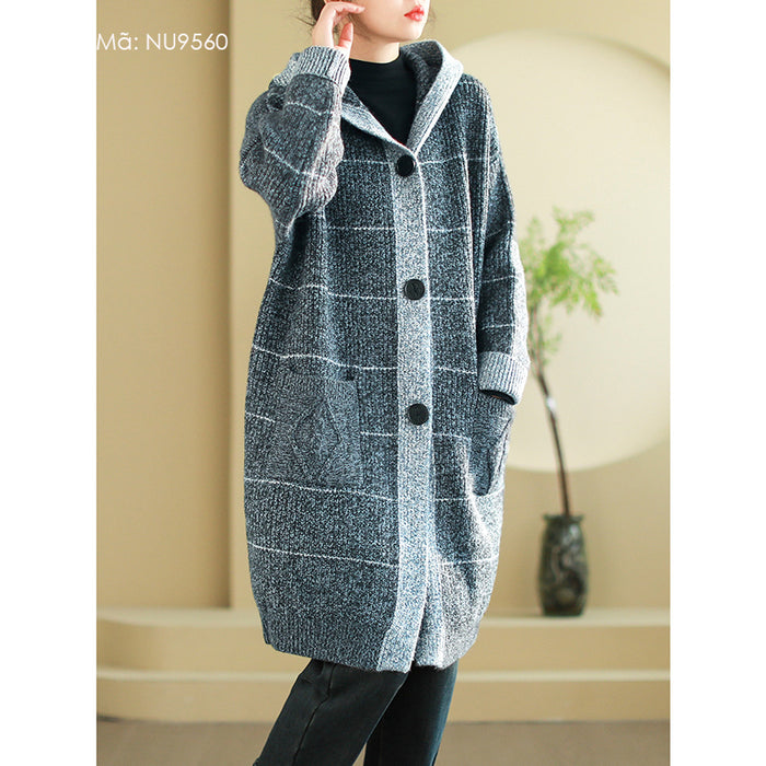 Áo khoác len đan cardigan form dài hai túi kẻ sọc có mũ - NU9560