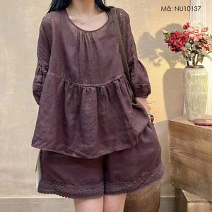 Bộ đồ linen gồm quần sooc  và áo sơ mi tay lửng - NU10137