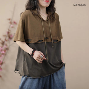 Áo hoodies ngắn tay hai mảng màu vạt kiểu rách - NU8726