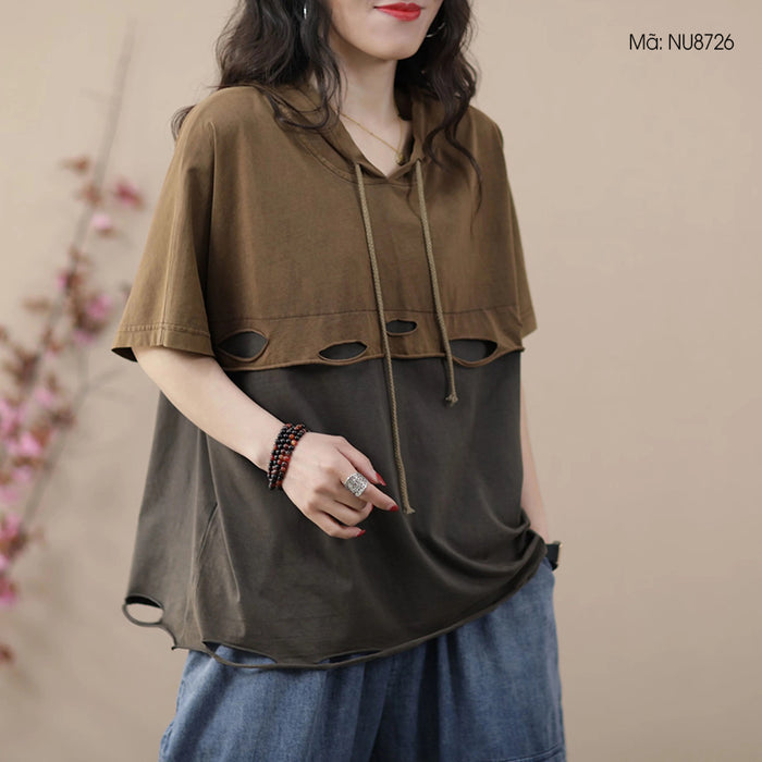 Áo hoodies ngắn tay hai mảng màu vạt kiểu rách - NU8726