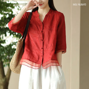 Áo sơ mi linen ngắn tay cổ V thêu hoa lá vạt kiểu xếp ren - NU8692