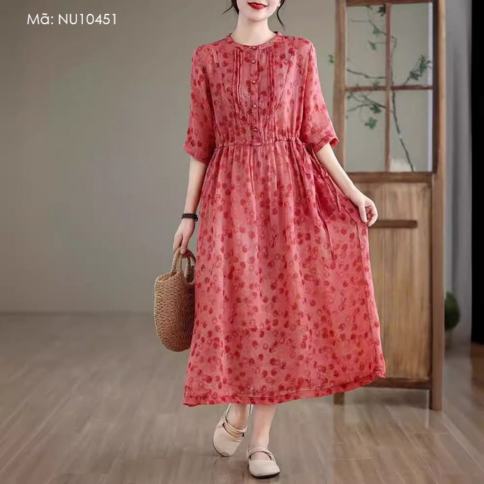 Đầm liền linen ngắn tay cổ tròn xếp ly in retro - NU10451