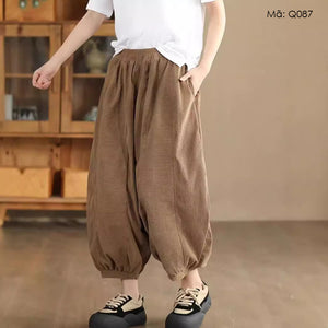 Quần baggy nhung lưng thun ống rộng bo gấu - Q087