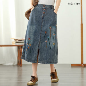 Chân váy denim thêu hoa - V160