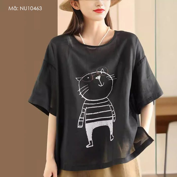 Áo T-shirt linen ngắn tay cổ tròn in chú mèo đeo kính - NU10463