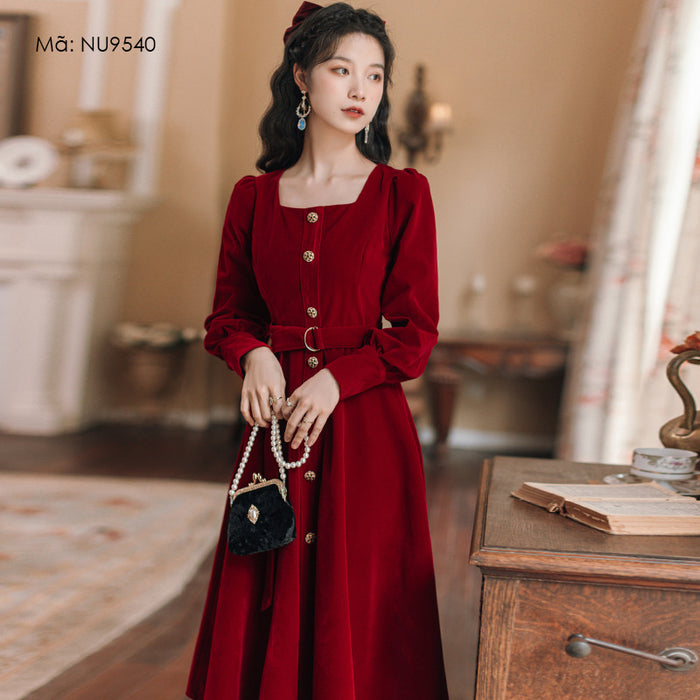 Đầm liền nhung dài tay cổ vuông khuy cài có thắt lưng - NU9540