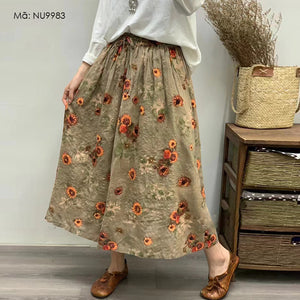 Chân váy linen lưng thun dây rút in hoa lá - NU9983